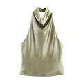 Eleganter salbeigrüner Satin-Neckholder-Top mit edlem drapiertem Wasserfallausschnitt - S / Oberteile / Hellgrün