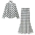 Elegant white and black polka dot two-piece set featuring V-neck blouse and midi skirt - S / Top And Bottom / White
