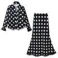 Elegant black and white polka dot V-neck top and high waist skirt two-piece set - S / Top And Bottom / Black