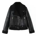 Elegante giacca da motociclista nera in ecopelle con fodera in shearling e cintura regolabile - XS / Top (2542) / Nero