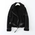 Giacca moto in ecopelliccia nera con ampi revers e finitura in finta pelle scamosciata - XS / Top (21183) / Nero