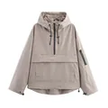 Giacca anorak kaki da donna con cappuccio, mezza zip funzionale e tasche di design - Kaki