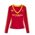 Dames retro rood T-shirt met V-hals en lange mouwen met gele contrastbiezen en prints - S / Tops / Rood