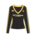 Vintage zwart shirt met lange mouwen, V-hals en gele contrasterende sportieve bies - S / Tops / Zwart