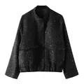 Elegante schwarze Tweed-Damenjacke mit schimmernden Pailletten und Fronttaschen - XS / Oberteile / Schwarz