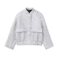 Silbergraue Tweed-Paillettenjacke mit Taschen und Stehkragen für Damen - XS / Oberteil (Originalstoff) / Weiß