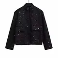 Hochwertige schwarze Tweed-Paillettenjacke für Damen mit Taschen im Streetwear-Modestil - XS / Oberteil (Originalstoff) / Schwarz