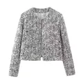 Glamouröse silberne Paillettenjacke mit langen Ärmeln und Vordertaschen für Damen - XS / Oberteile / Silber