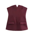 Elegant wine red strapless tube top with V-notch neckline and decorative flap pocket detail - XS / Tops / Burgundy