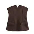 Detail shot of brown strapless tube top featuring V-notch neck and flap pockets - XS / Tops / Brown