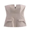 Macro view of pinstriped strapless bustier top featuring V-notch and flap pockets - XS / Tops / Khaki Stripe