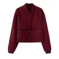 Veste bomber bordeaux classique pour femme avec col montant et grandes poches à rabat - XS / Hauts / Bordeaux