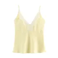 Elegante gele zijden satijnen hemdje met V-hals en witte kanten rand voor dames - XS / Tops / Lichtgeel