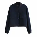 Veste bomber bleu marine pour femme avec col montant et grandes poches à rabat - XS / Hauts / Bleu marine