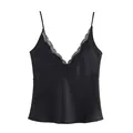 Modieuze zwarte satijnen camisole met fijne kanten afwerking aan de V-halslijn - XS / Tops / Zwart