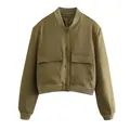 Veste bomber pour femmes vert olive avec col montant et grandes poches à rabat devant - Vert Militaire