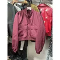 Veste bomber bordeaux courte avec grandes poches fonctionnelles et col montant chic - Rose foncé
