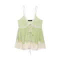 Elegant light green satin camisole top with delicate white lace trim and front ties - XS / Tops / Light Green