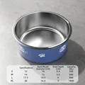 Blue 304 stainless steel pet bowl with cute panda pattern and detailed size chart table - M (Medium Capacity) / Panda Print with Anti-slip Base / Deep Sea Blue