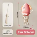 Pink electric dancing octopus pet toy with interactive fishing rod and USB cable - Handheld Rod Version / Peach Pink