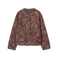 Braune Steppjacke für Damen mit eleganter Blumenstickerei und Druckknopfverschluss. - XS / Brauner Druck