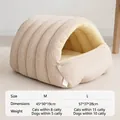 Warm cream white enclosed pet bed for cats and small dogs with soft plush interior SKU - Size M (45*30*19cm) / Light Beige - Striped Corduroy