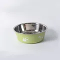 Lichtgroene roestvrijstalen voerbak met witte pootafdrukken en botpatronen aan de zijkant - Diameter voerbak 12 cm / Bedrukte groene enkele voerbak