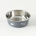 Grijze roestvrijstalen voerbak met bot- en pootafdrukiconen voor huisdieren - Diameter voerbak 12 cm / Bedrukte grijze enkele voerbak