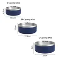 Three sizes of blue stainless steel pet bowls with dimensions and capacity labels. - 20oz / Navy Blue