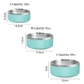 S, M, and L sizes of insulated stainless steel pet bowls with dimensions and capacity - 20oz / Mint Green