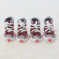 Breathable checkerboard dog canvas shoes with non-slip soft soles, gray 4pcs set - No. 1 / Red