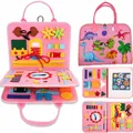 Detailed views of a pink felt busy board featuring buckles, zippers, and dinosaur patterns. - Style 17; 22*28