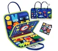 Vista dettagliata della busy board Montessori con orologio e fibbie per bambini - Tema Dinosauro Spazio / 28*45cm / Blu