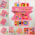 Detail view of pink felt busy board showing various sensory learning activities for kids - Pink Mermaid Style / 22*28cm