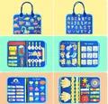 Detailed views of toddler felt busy board with alphabet, shapes, and sensory motor activities - Blue Small Car Style / 22*28cm