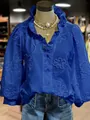Blue V-neck blouse with floral embroidery and elegant ruffled puff sleeves detail - Blue
