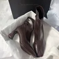 Premium brown leather square-toe stretchy ankle boots with elegant block high heels - 34 / Single Lining (A61) / Brown