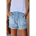 Casual light blue high waisted denim shorts with drawstring waist and frayed hem - Light Blue