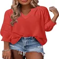 Stylische lässige rote V-Ausschnitt Bluse mit plissierten Dreiviertelärmeln in Uni - XS / Oberteile / Wassermelonenrot