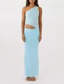 Full body front view of a light blue one-shoulder knit dress with waist cutout detail - Blue