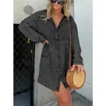 Oversized washed charcoal denim shirt dress featuring a V-neck and long sleeves design - S / Dresses / Washed Black