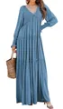 Elegantes blaues V-Ausschnitt Maxikleid mit langen Ärmeln und gesmoktem Detail für Damen - S / Kleider / Blau