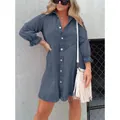 Detailansicht eines gewaschenen blauen Denim-Hemdkleides mit Laternenärmeln und Knöpfen. - S / Kleider / Grau