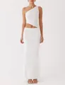 Detailed macro view of elegant white one-shoulder knit maxi dress with side cut-out - White