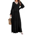 Elegantes schwarzes gestuftes Maxikleid mit V-Ausschnitt und langen Ärmeln Detailansicht - Schwarz