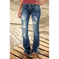 Full-length detail view of retro distressed low-waist flare jeans with triple buttons - Dark Blue Ripped