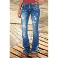 Detailed view of vintage low rise ripped denim flare jeans with triple button waist - Indigo Blue Ripped