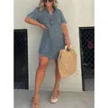 Robe chemise en jean d'été de style occidental avec ourlet à franges et manches courtes - Gris foncé