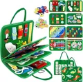 Vista dettagliata della busy board in feltro con fibbie, cerniere e pagine per l'alfabeto. - Dinosauro Verde Menta (Stile 1) / 22x28cm