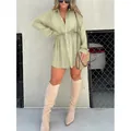 Chic western style sage green long sleeve shirt romper jumpsuit with slimming waist tie - S / Pale Green